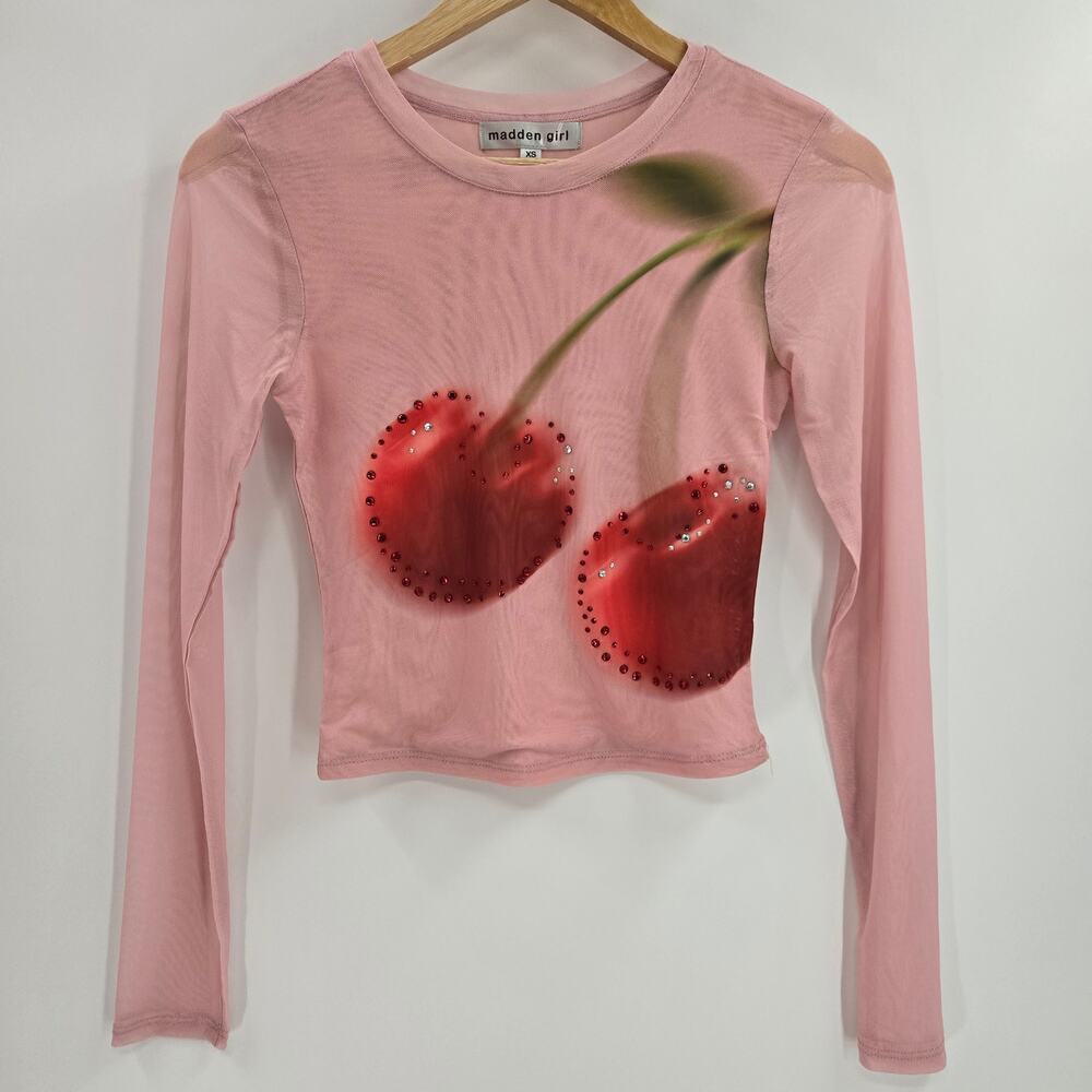 Madden Girl Women Y2K Rave Festival Sheer Mesh Cherry Rhinestone Graphic Top XS